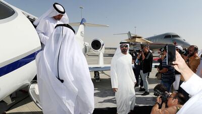 Sheikh Ahmed gets off a Honda Jet Elite at Al Maktoum International Airport, Dubai.