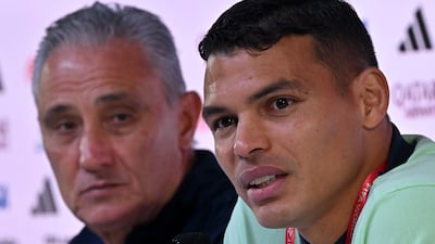 Brazil coach Tite with Thiago Silva at a press conference in Doha on November 23, 2022. AFP