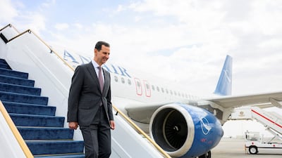 Syria's President Bashar Al Assad arrives at the Presidential Airport in Abu Dhabi on March 19, 2023. UAE Presidential Court / Reuters