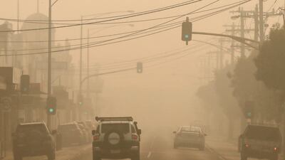 Thick smoke hangs over the East Gippsland town of Orbost in Victoria, Australia. Getty