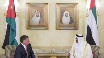 Sheikh Mohammed bin Zayed, Crown Prince of Abu Dhabi Deputy Supreme Commander of the Armed Forces, meets with King Abdullah, at the Presidential Airport. Ryan Carter / Crown Prince Court - Abu Dhabi