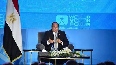 Egyptian President Abdel Fattah El Sisi addresses a youth conference in Sharm El Sheikh on November 5, 2018. MENA via AP