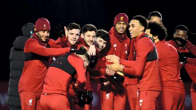 Alex Oxlade-Chamberlain, Andy Robertson, Adam Lallana, Neco Williams and Trent Alexander-Arnold of Liverpool during a training session at Melwood in January. Getty Images