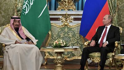 Saudi's King Salman and Russian president meet at the Kremlin in Moscow. Alexei Nikolsky / EPA
