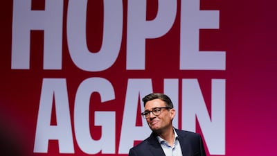 UK Prime Minister Andy Burnham delivers his keynote speech at the Labour conference. Getty