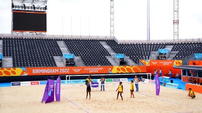 The Vanuatu team at a beach volleyball practice session at the Smithfield site. AP