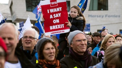 Campaigners take part in a'People's Vote March in Liverpool, alongside the annual Labour party conference. EPA/Will Oliver