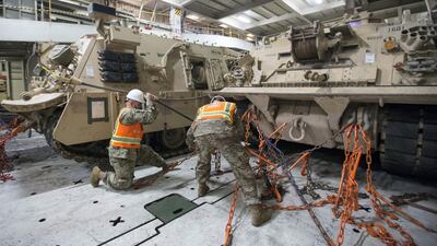 US military trucks and equipment arrive for the military exercise in Abu Dhabi at Jebel Ali Port, Dubai. Leslie Pableo for The National
