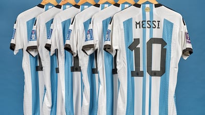 A collection of six match-worn Lionel Messi jerseys from the 2022 World Cup. Photo: Sotheby's