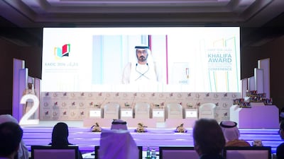Hussain Al Hammadi, Minister of Education, speaks at the Khalifa Award for Education International Conference on Monday in Abu Dhabi. He called the merger of three top institutes a ‘strong leap for education and research in the UAE’. Christopher Pike / The National