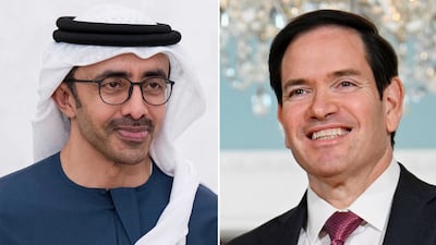 Sheikh Abdullah bin Zayed, Deputy Prime Minister and Minister of Foreign Affairs and US Secretary of State Marco Rubio held a phone call on Friday. UAE Presidential Court / Reuters