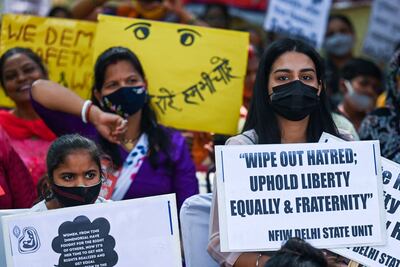 Protesters demand better women's rights during a demonstration on International Women's Day in New Delhi, India. AFP
