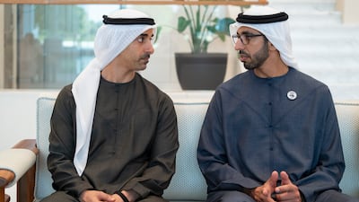 Sheikh Shakhbout bin Nahyan, Minister of State, and Sheikh Hamdan bin Mohamed, Deputy Chairman of the Presidential Court for Special Affairs, attend the meeting