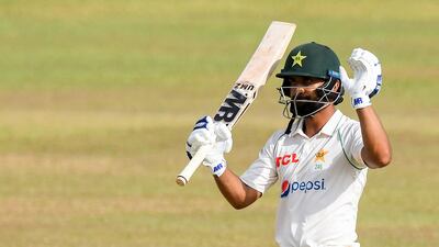 Pakistan’s Abdullah Shafique celebrates after scoring a century on the fourth day of the first Test against Sri Lanka at the Galle International Stadium on Tuesday, July 19, 2022. AFP