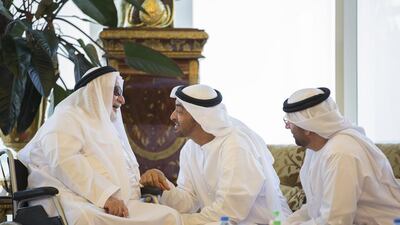 Sheikh Mohammed bin Zayed, Crown Prince of Abu Dhabi and Deputy Supreme Commander of the Armed Forces, with Abdullah Al Sayyed Al Hashemi, a former Abu Dhabi Government employee, at Monday’s reception. Mohamed Al Hammadi / Crown Prince’s Court – Abu Dhabi