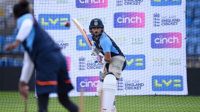 LEEDS, ENGLAND - AUGUST 23: India captain Virat Kohli in batting action during India nets ahead of the Third Test Match against England at Emerald Headingley Stadium on August 23, 2021 in Leeds, England. (Photo by Stu Forster / Getty Images)