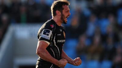 Phil Dollman of Exeter Chiefs celebrates his side's second try during their Premiership win over Newcastle Falcons on Saturday. Harry Trump / Getty Images / March 12, 2016