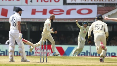 Moeen Ali of England celebrates the wicket of Virat Kohli. Sportzpics / BCCI