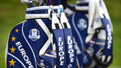 Bags belonging to the Europe Ryder Cup team stand beside the fourth green during a practice round on Tuesday at the Gleneagles golf course ahead of the 2014 Ryder Cup. Ben Stansall / AFP