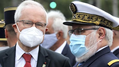 Bernard Emie, director of the French foreign intelligence agency, left, has warned of terrorist threat to Europe from ISIS and Al Qaeda groups in West Africa. AFP