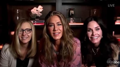 Why are Lisa Kudrow and Courtney Cox at home with you? Jimmy Kimmel asked Jennifer Aniston. ABC