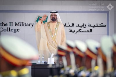 Sheikh Mohammed bin Rashid attends the graduation ceremony of the 45th batch of cadet officers of the Zayed II Military College in Al Ain. Dubai Media Office