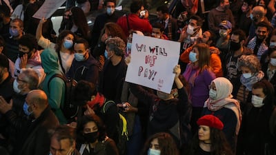 Students from different universities carry placards, wave Lebanese flags during a demonstration under the slogan of 'A Day of Student Rage' in Al-Hamra, Beirut. EPA