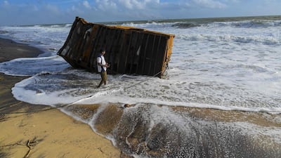 A charred container off the container ship 'MV X-Press Pearl', which is still on fire off Colombo harbour. AFP