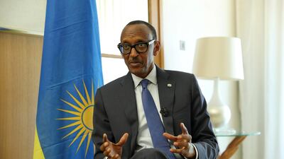 Rwandan President Paul Kagame speaking during an interview at the Milken Institute Mena Summit 2019 held at The St Regis Saadiyat Island Resort in Abu Dhabi. Pawan Singh / The National