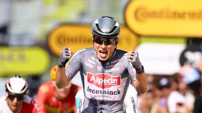 Alpecin-Deceuninck's Jasper Philipsen celebrates winning Stage 16 of the Tour de France from Gruissan to Nimes on Tuesday, July 16, 2024. Reuters