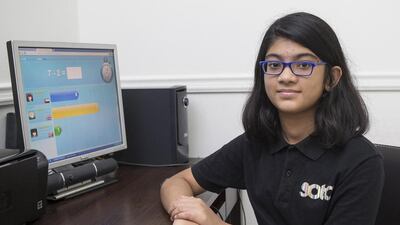 Maathangi Anirudh, 11, gets in some practice for the World Education Games. The Dubai pupil will be one of 5 million youngsters from across the globe competing in the free online Unicef-backed contest that starts on Friday. Antonie Robertson / The National