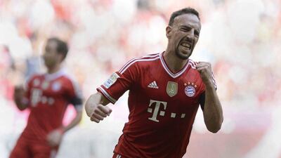 Bayern Munich midfielder Franck Ribery celebrates after scoring the first goal for Munich against Werder Bremen on Saturday. Christof Stache / AFP / April 26, 2014