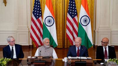 From left, Apple Chief Tim Cook, India's Prime Minister Narendra Modi, US President Joe Biden and Microsoft head Satya Nadella at the White House. AP