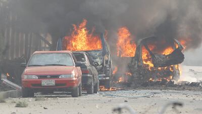 Vehicles are seen on fire after a blast in Jalalabad. Parwiz / Reuters