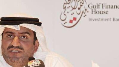 Bahraini investment bank Gulf Finance House Chairman Esam Janahi speaks at a media briefing in Manama.