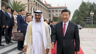 Sheikh Mohamed bin Zayed, Crown Prince of Abu Dhabi and Deputy Supreme Commander of the UAE Armed Forces, with Chinese President Xi Jinping at the Great Hall of the People. Ministry of Presidential Affairs