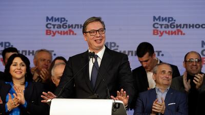Incumbent Serbian President Aleksandar Vucic celebrates as he claims early victory in Belgrade on April 3. EPA
