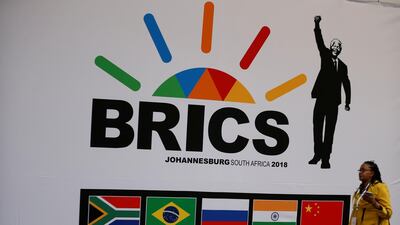 A Brics logo in Johannesburg. China is likely to mount fight-back against US trade policy at the summit. Reuters