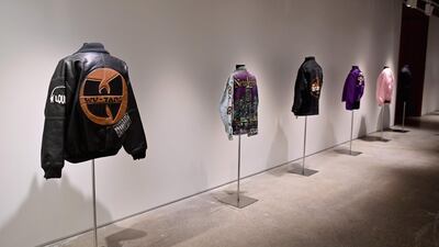 Jackets are displayed during a press preview at Sotheby's for their hip-hop auction. AFP