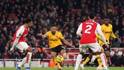 Matheus Cunha of Wolverhampton Wanderers scores their first goal against Arsenal. Getty Images