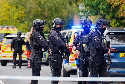 Armed police at the synagogue in Manchester where two people died in a suspected terror attack in October. PA