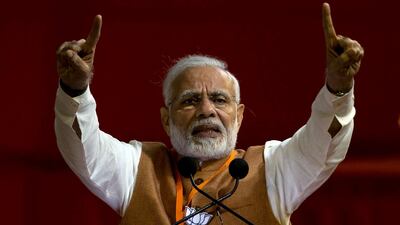 Indian Prime Minister Narendra Modi speaking at an election campaign rally in Hyderabad. Mahesh Kumar A / AP