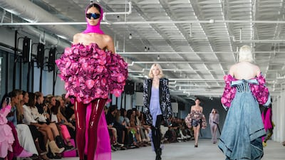 Fashion from the Prabal Gurung Spring Summer 2023 collection is modeled during Fashion Week, Saturday Sept. 10, 2022 in New York. (AP Photo / Bebeto Matthews)