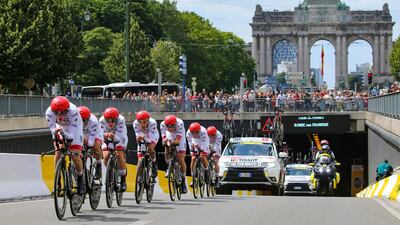 Kristoff leads UAE Team Emirates on a training ride ahead of the Grand Depart in Brussels.