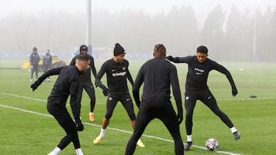 Chelsea's Wesley Fofana and Pierre-Emerick Aubameyang with teammates during training. Reuters