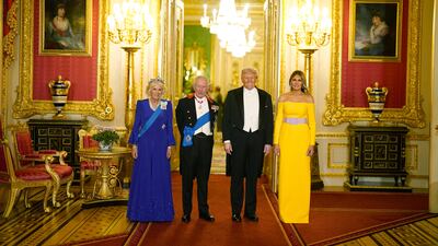 US President Donald Trump and first lady Melania Trump with Britain's King Charles III and Queen Camilla before for a state banquet at Windsor Castle, Berkshire. PA