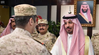 Prince Khalid bin Abdulaziz bin Mohammed bin Ayyaf Al Muqren, the new head of the Saudi National Guard, is greeted in Riyadh on November 5, 2017, just hours after his appointment. Saudi Press Agency / Handout via Reuters