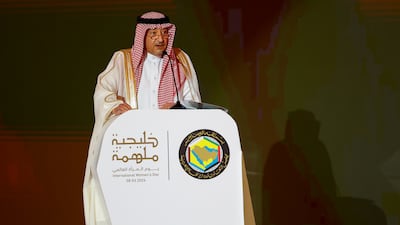 Saudi Deputy Minister of Foreign Affairs Waleed El Khereiji speaks during a gathering in Riyadh on International Women's Day to celebrate the achievements of women from Gulf countries.
