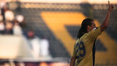 Richard Porta celebrates his equaliser for Dubai. Lee Hoagland/The National