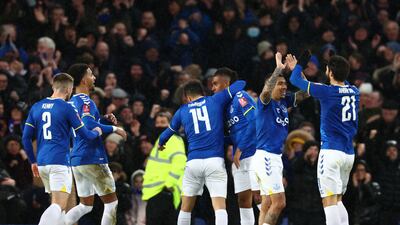 Andros Townsend of Everton celebrates with team mates after scoring the fourth goal in the FA Cup fourth round against Brentford. Getty